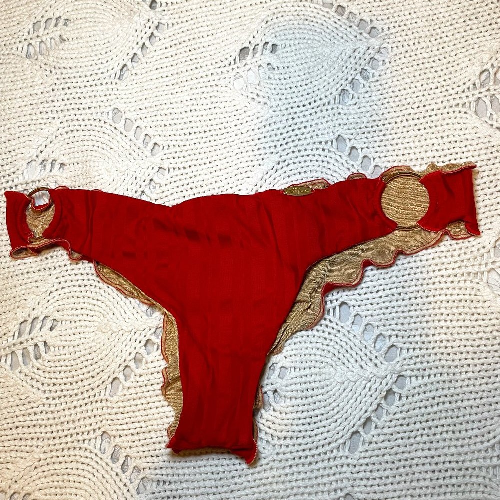 NWOT Luli Fama bikini bottom size sm cheeky red stripe reversible with gold